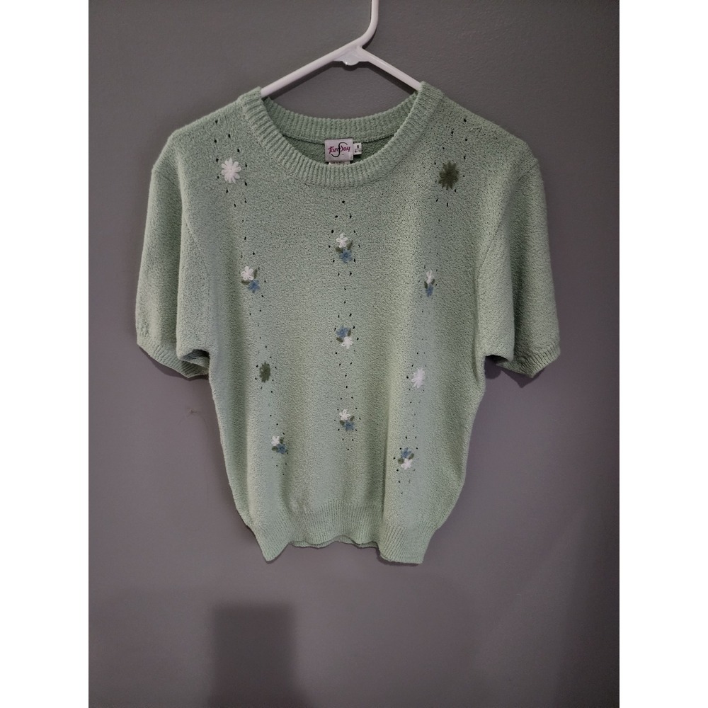 TanJay Vintage Sage Green Short Sleeve Knit Sweater Floral Embroidered Small